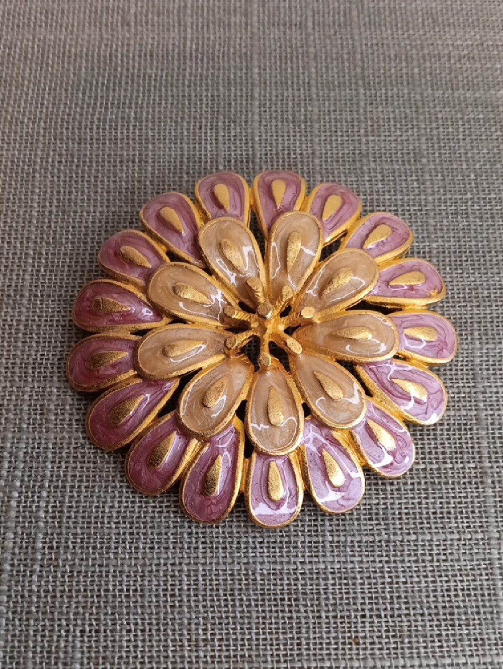 Pink and Cream Enamel Flower Brooch with Gold Accents